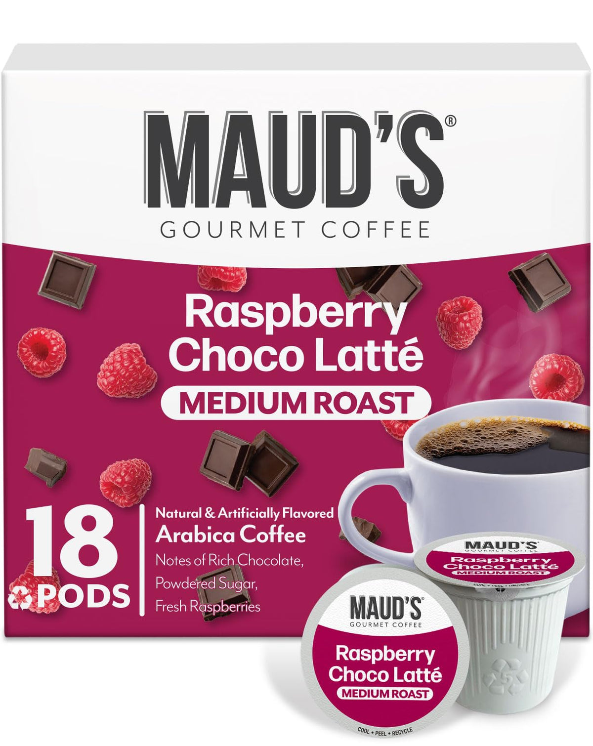 Maud's paquete frontal de 18 cápsulas con diseño y sabor frambuesa chocolate