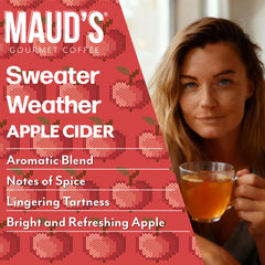 MAUD'S sidra caliente vertiéndose en taza que realza aroma reconfortante