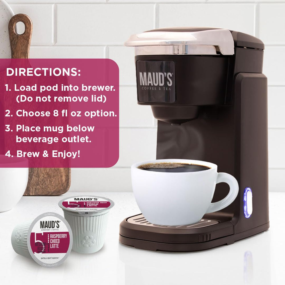 Maud's ambiente de desayuno con cápsulas y taza para un momento frutal y dulce