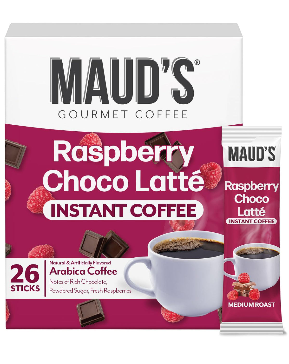 MAUD'S empaque delantero mostrando 26 sobres y beneficio conveniencia