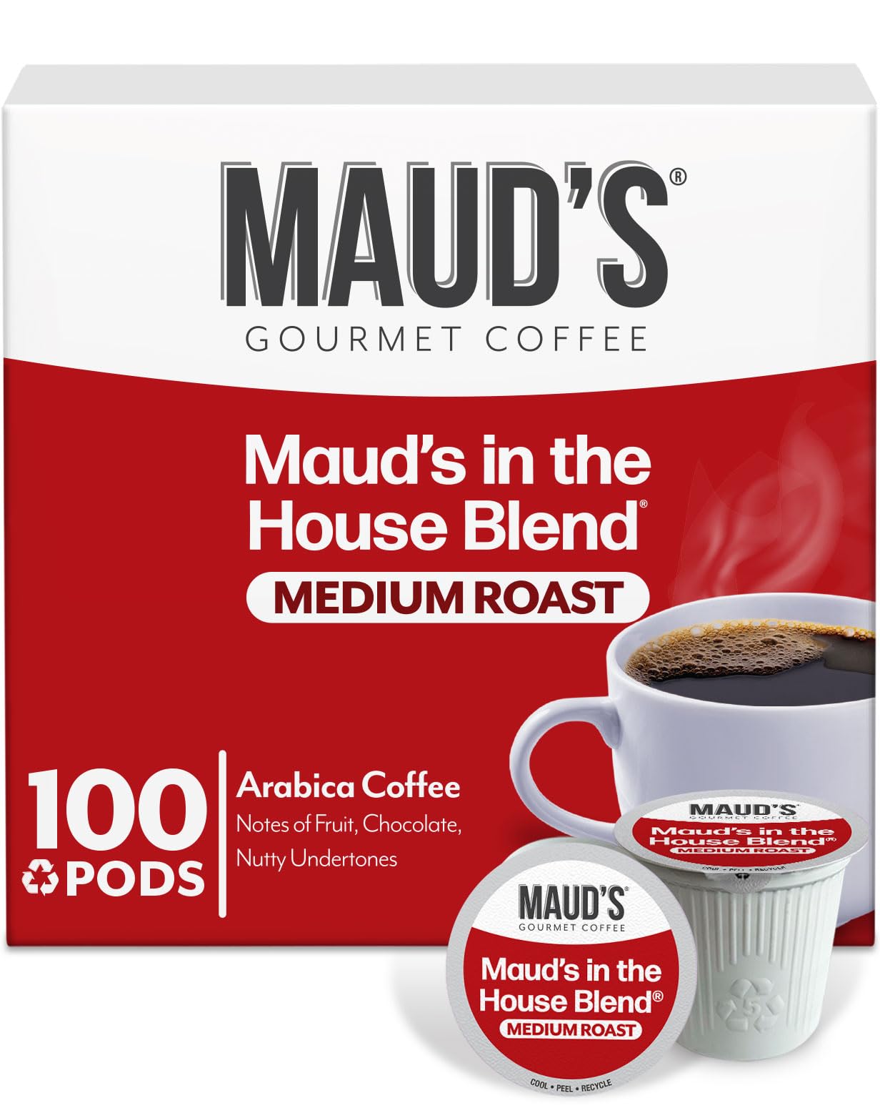 Maud's frente del empaque mostrando 100 cápsulas y conveniencia diaria