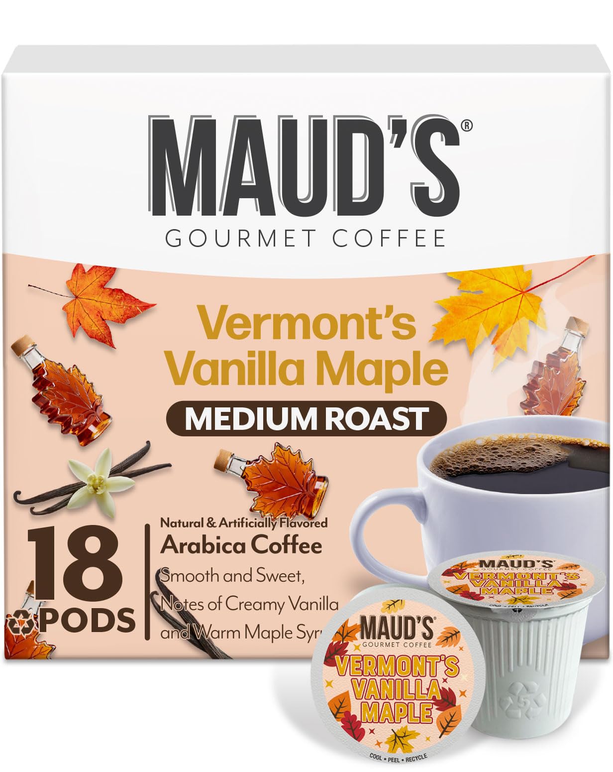 MAUD'S empaque frontal con diseño maple vanilla mostrando marca y cantidad 18ct, atractiva presentación