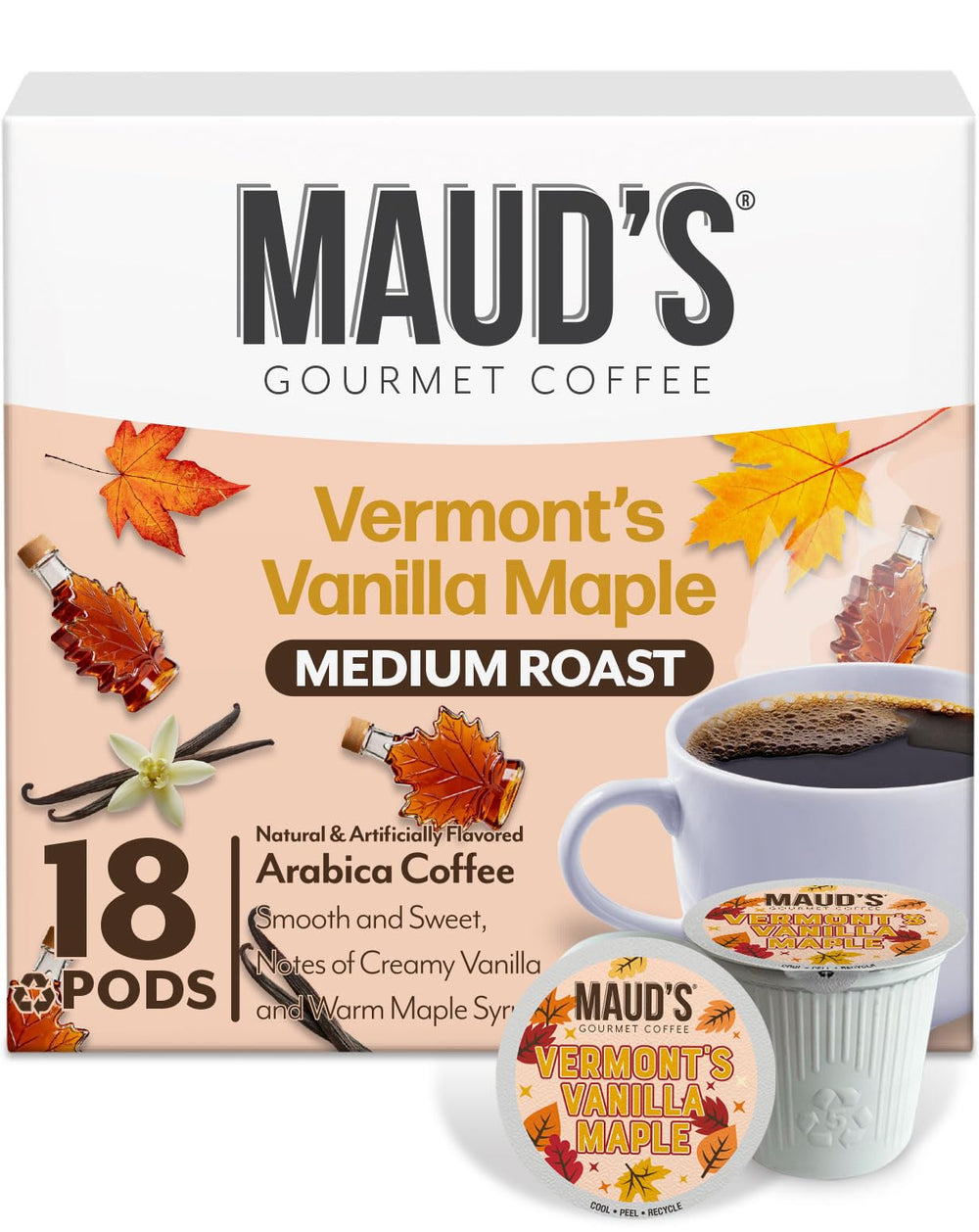 MAUD'S empaque frontal con diseño maple vanilla mostrando marca y cantidad 18ct, atractiva presentación