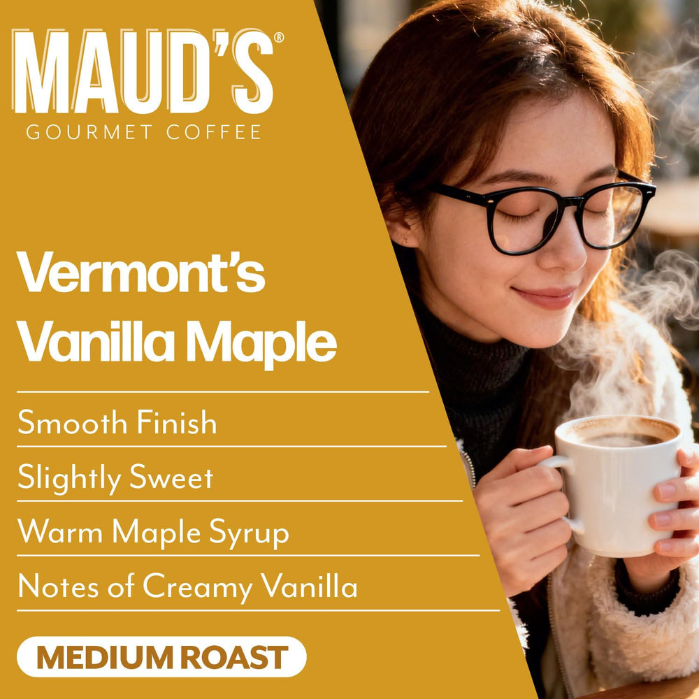 Taza con espuma y reflejos de arce, MAUD'S muestra aroma y cuerpo cremoso en servicio