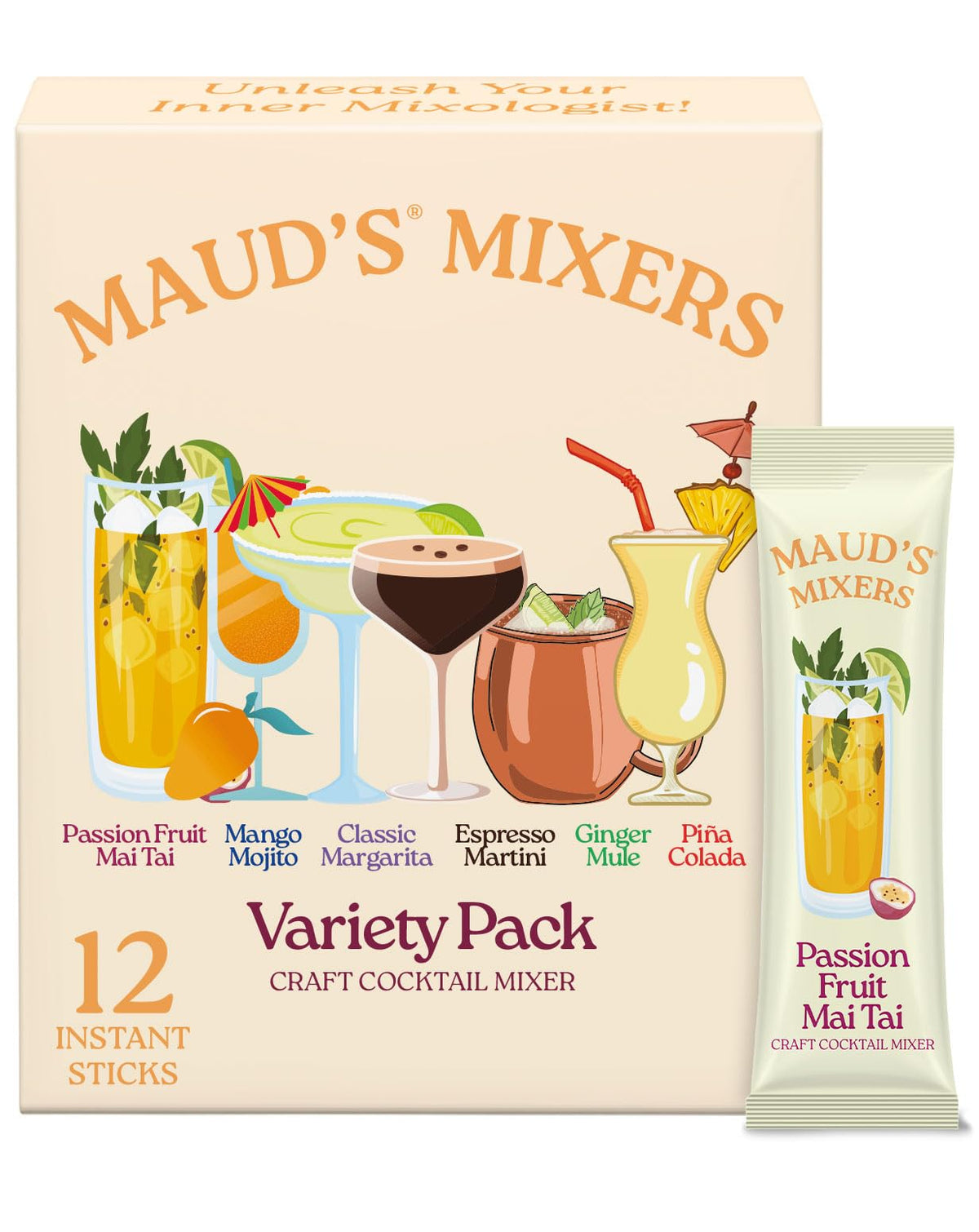 MAUD'S MIXERS frente del empaque mostrando variedad de sabores y conveniencia