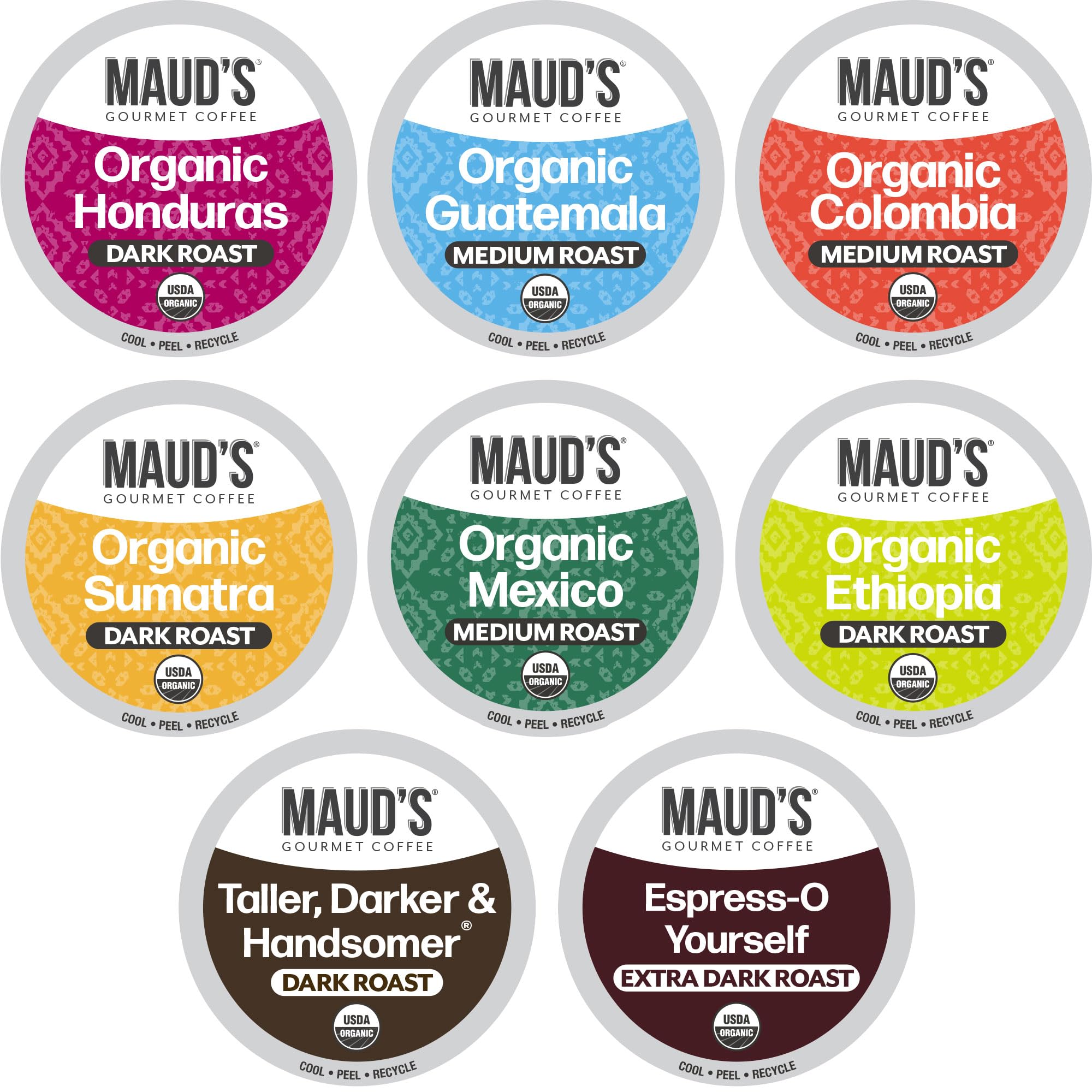 MAUD'S vista frontal del pack variado que muestra los 8 sabores y beneficio variedad