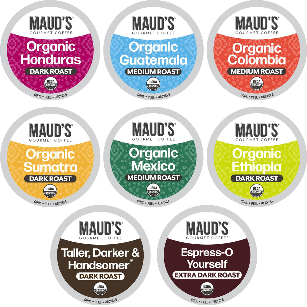 MAUD'S vista frontal del pack variado que muestra los 8 sabores y beneficio variedad