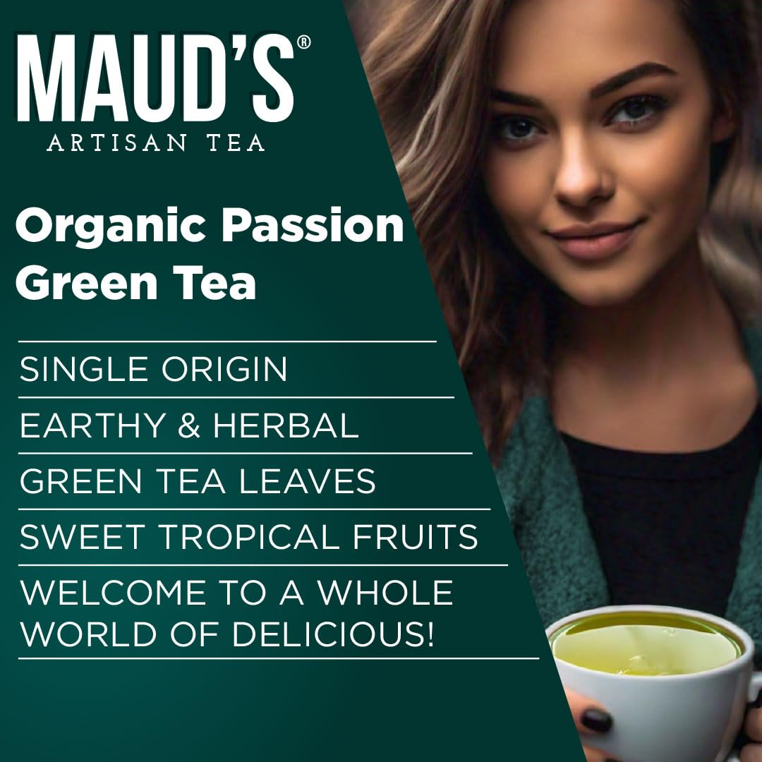 MAUD'S taza servida con té verde maracuyá demostrando color y aroma fresco