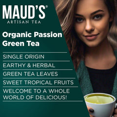MAUD'S taza servida con té verde maracuyá demostrando color y aroma fresco
