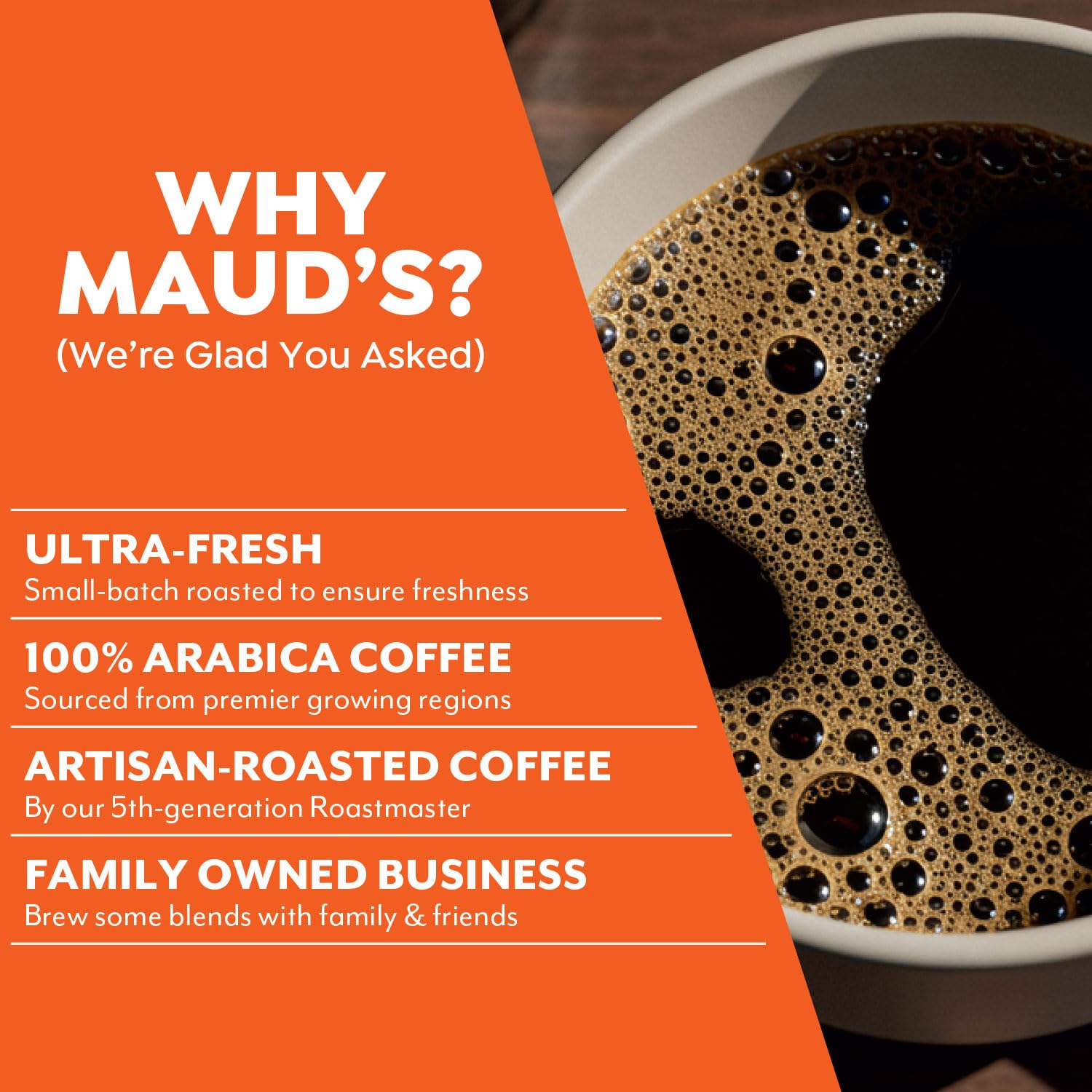 Maud's taza servida con espuma y nota cítrica, ofrece sabor cremoso y aroma