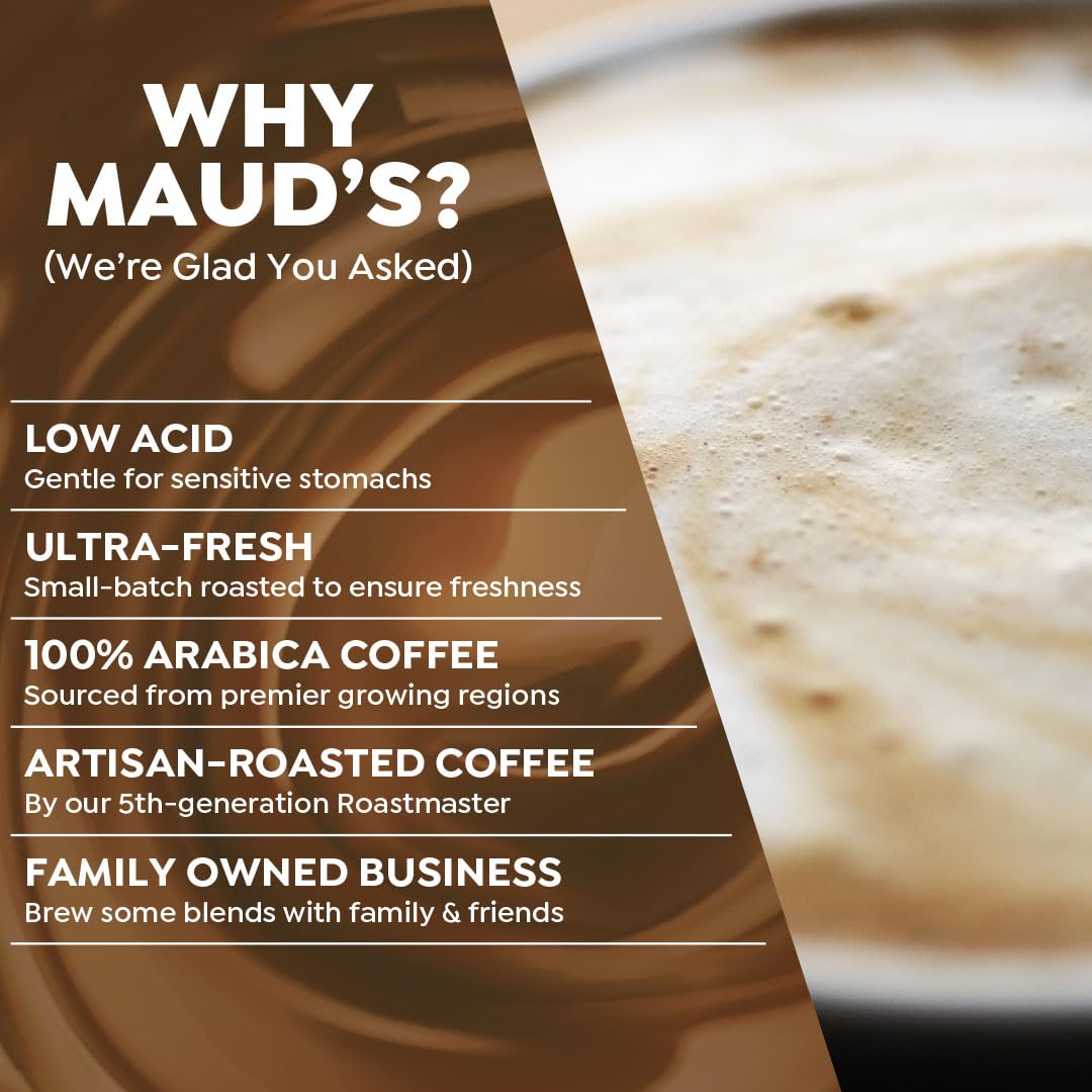 Maud's taza servida con cappuccino humeante y crema, sabor achocolatado intenso