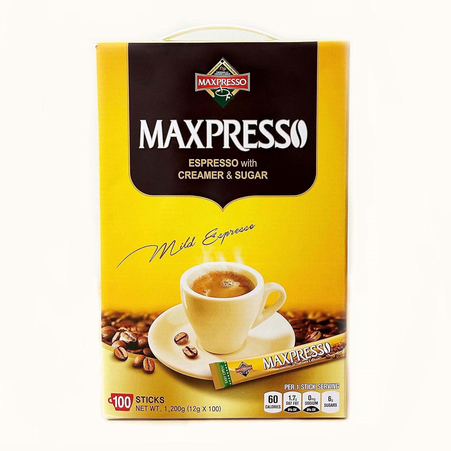 Maxpresso frente del empaque mostrando 100 sobres y conveniencia de compra