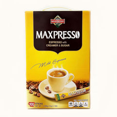 Maxpresso frente del empaque mostrando 100 sobres y conveniencia de compra