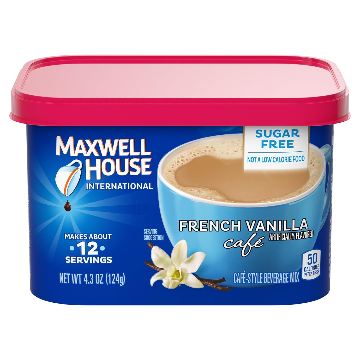 MAXWELL HOUSE lata frontal muestra sabor francés vainilla y conveniencia
