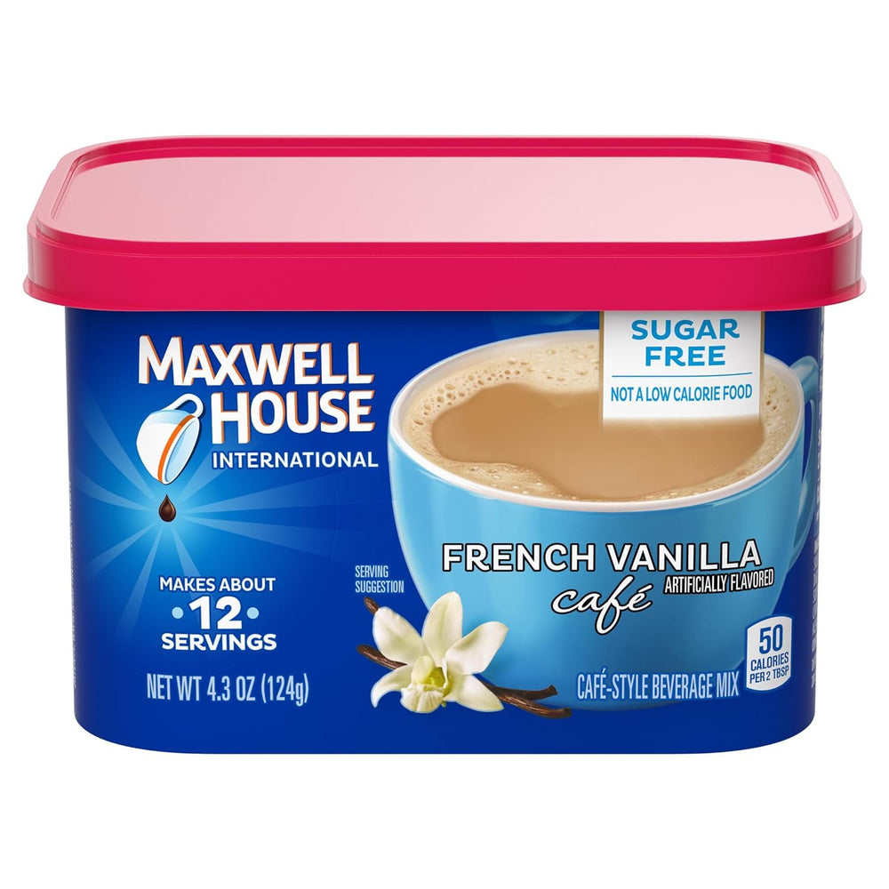 MAXWELL HOUSE lata frontal muestra sabor francés vainilla y conveniencia