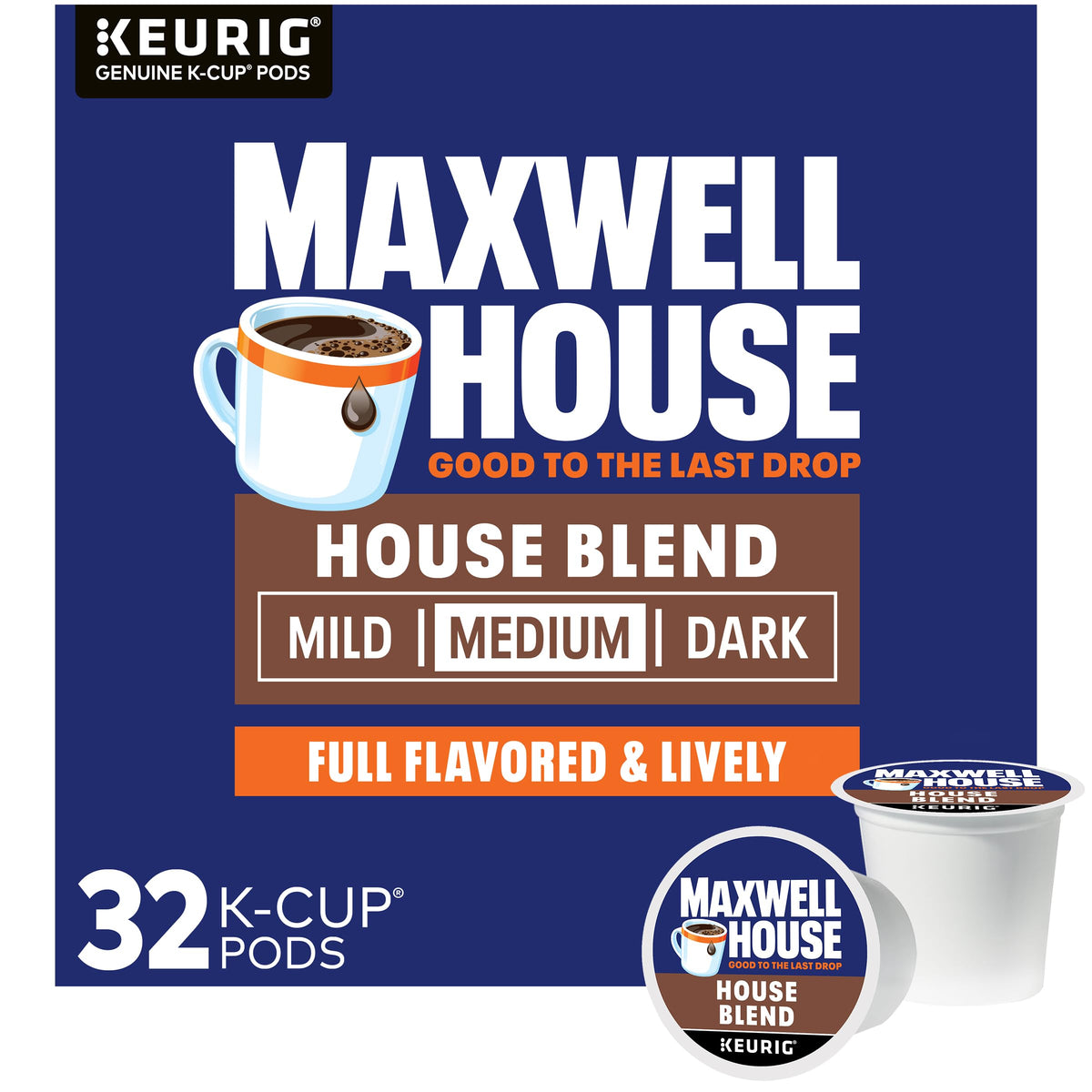 MAXWELL HOUSE frente del empaque mostrando 32 cápsulas y conveniencia