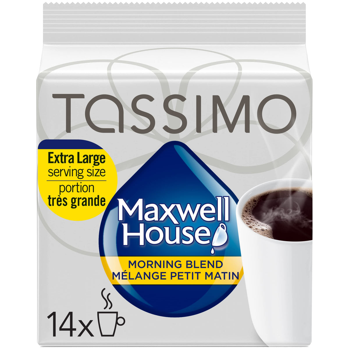MAXWELL HOUSE caja frontal con 14 T-Discs mostrando la marca y ventaja de conveniencia
