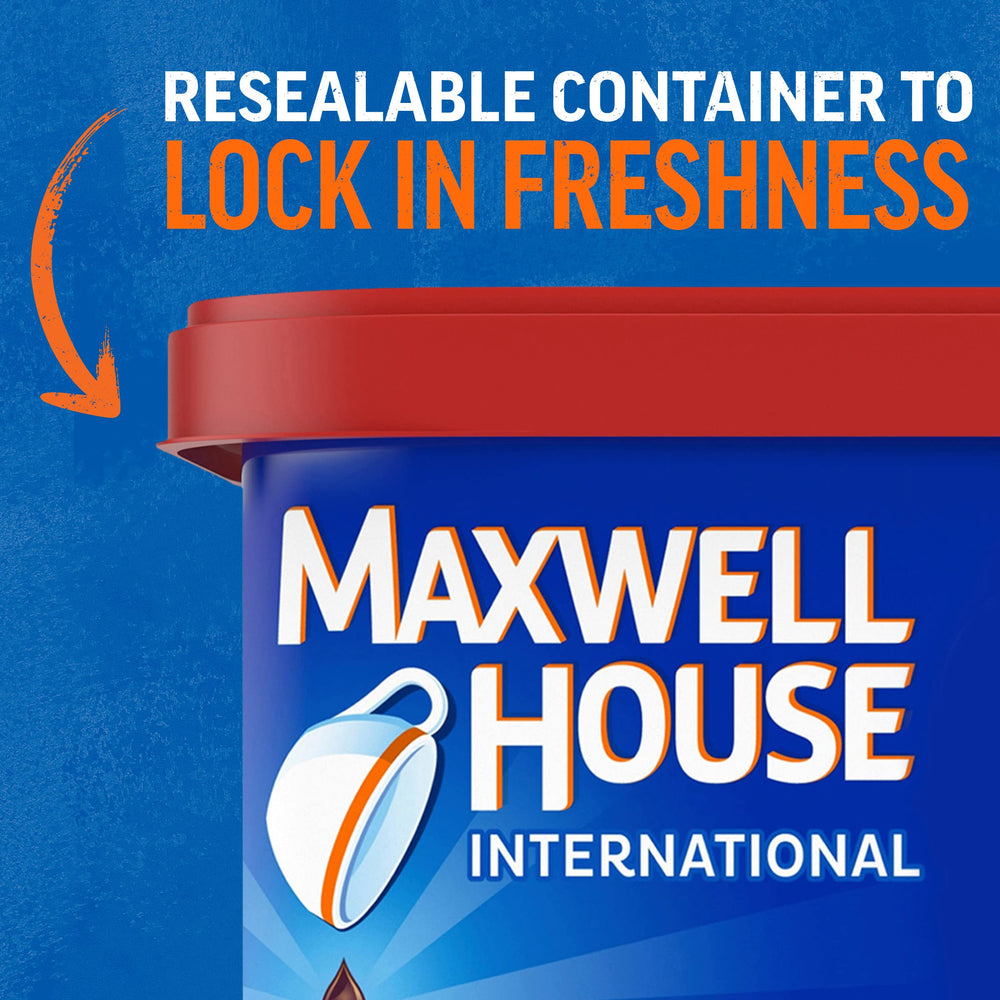 MAXWELL HOUSE bote junto a vaso para referencia de tamaño y porciones