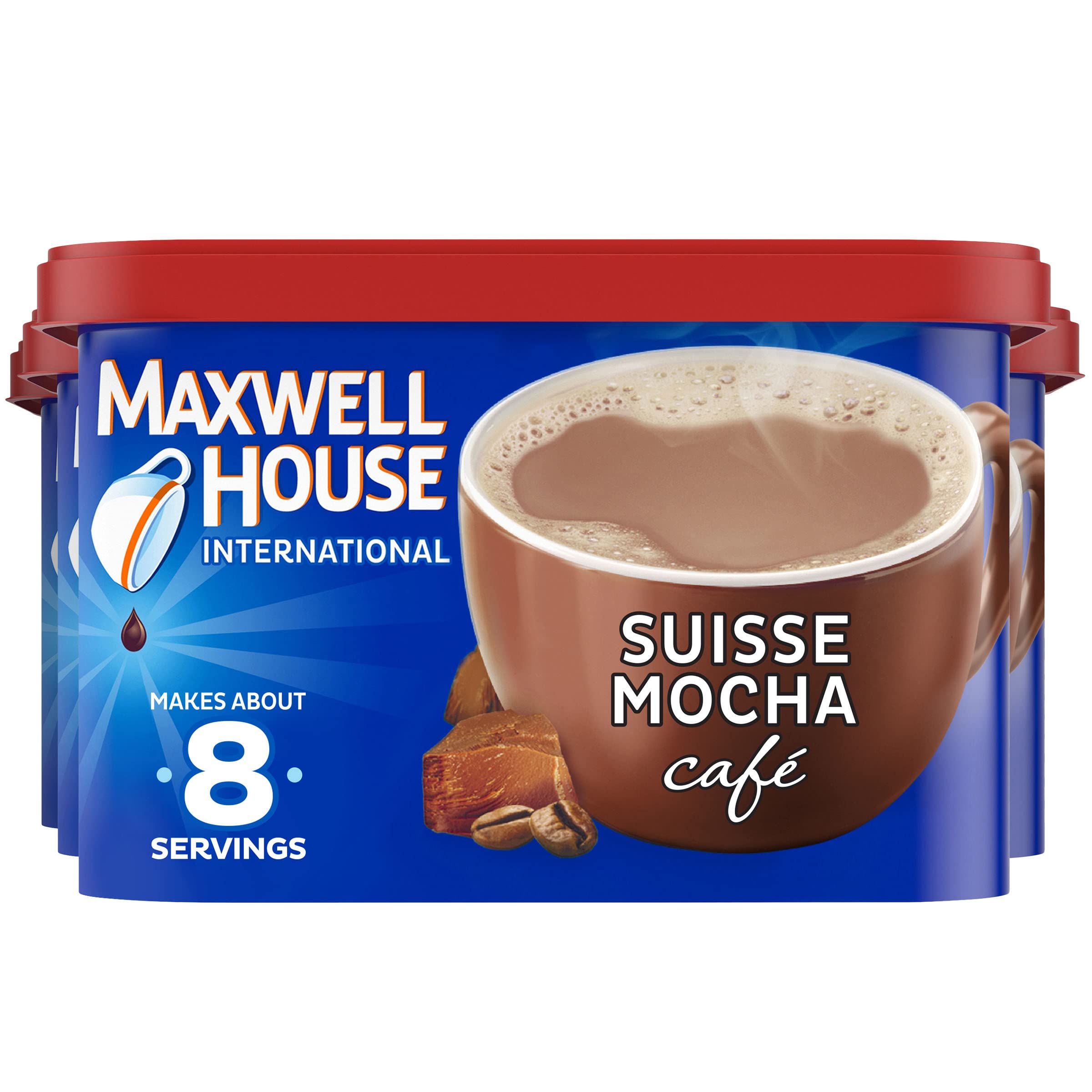 MAXWELL HOUSE bote frontal mostrando etiqueta y beneficio práctico