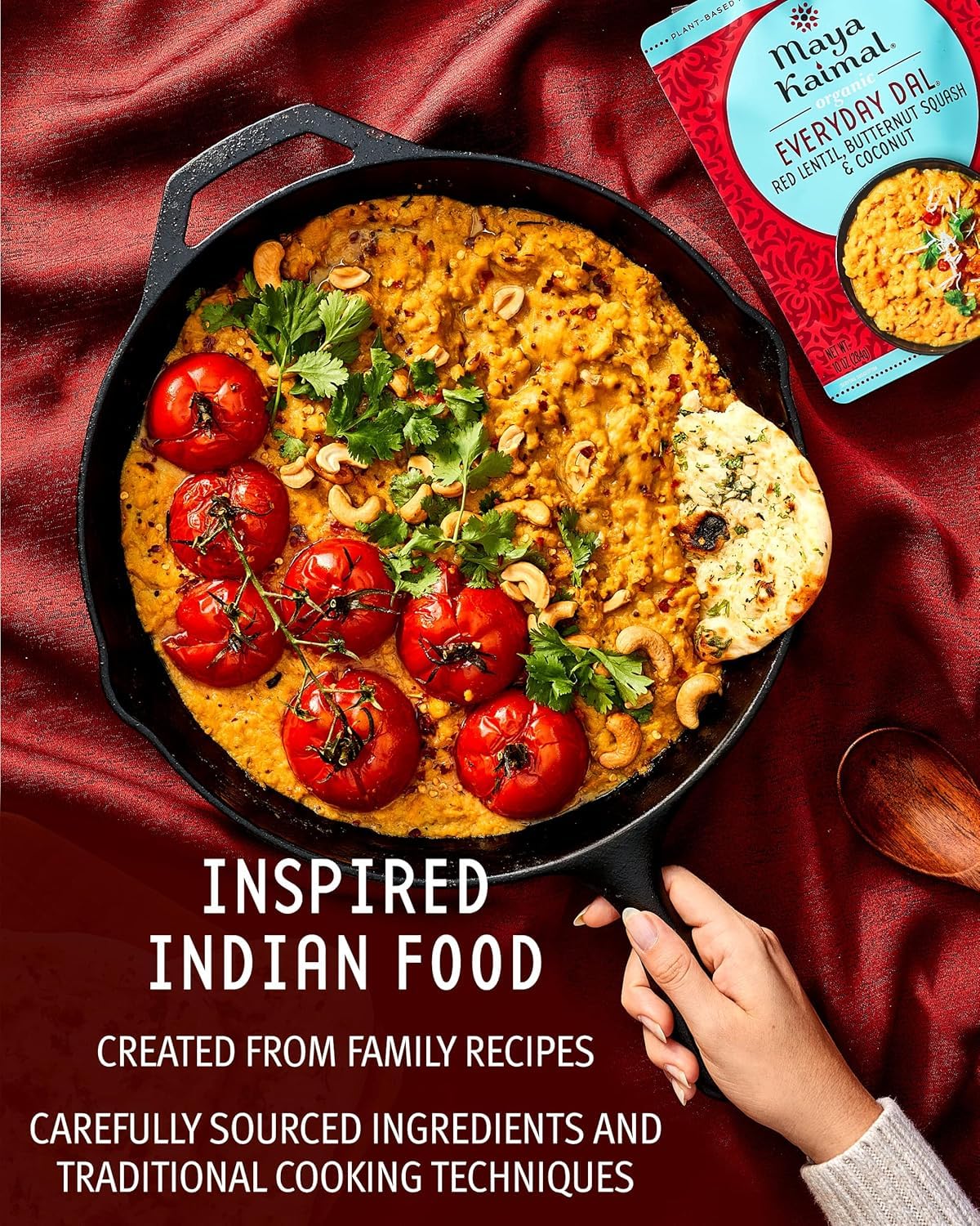 Maya Kaimal dal servido en cocina, listo para comer y nutritivo
