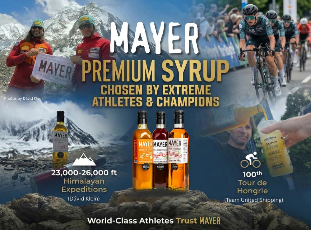 Mayer Passion Fruit Syrup junto a objetos para comparar tamaño del envase
