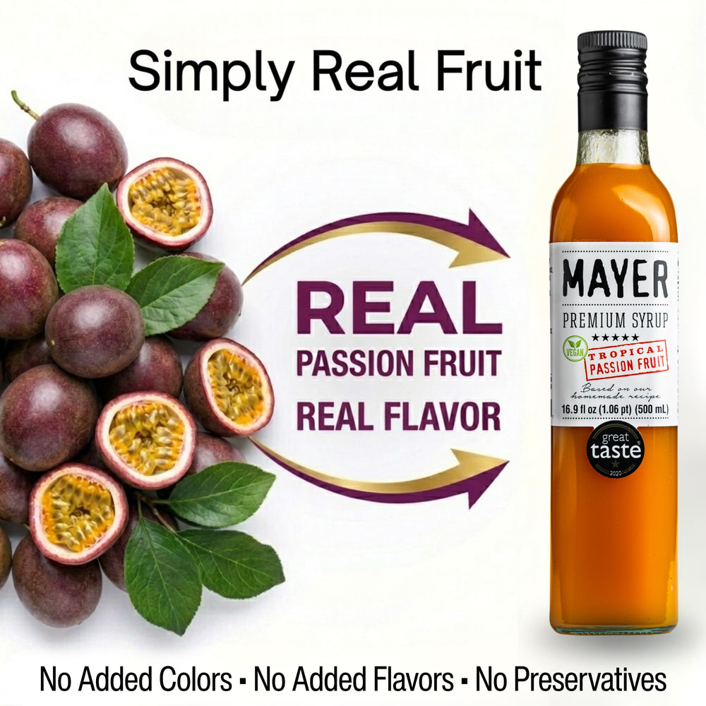 Mayer Passion Fruit Syrup primer plano textura espesa que sugiere concentración