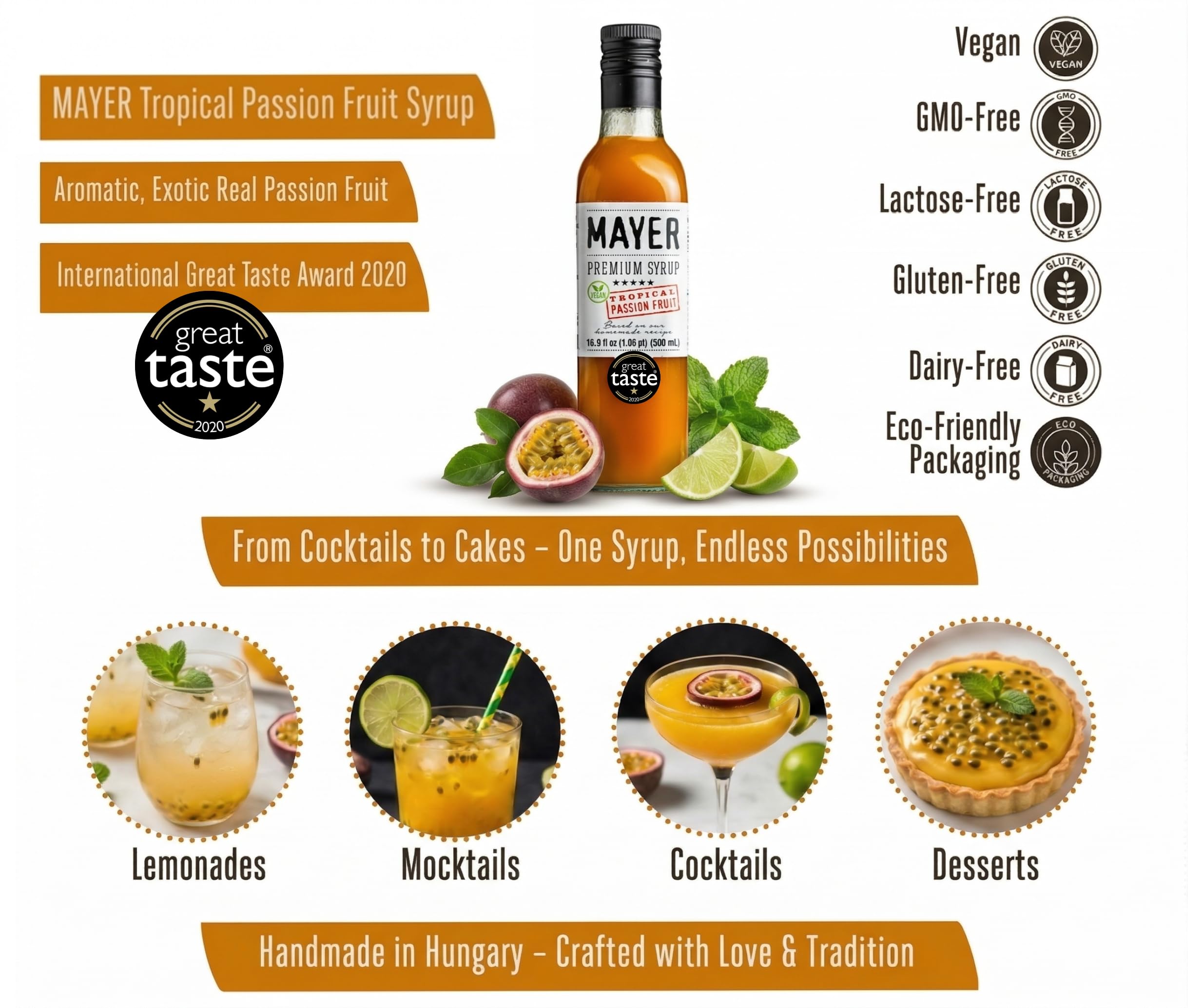 Mayer Passion Fruit Syrup etiqueta con premios que evidencia calidad