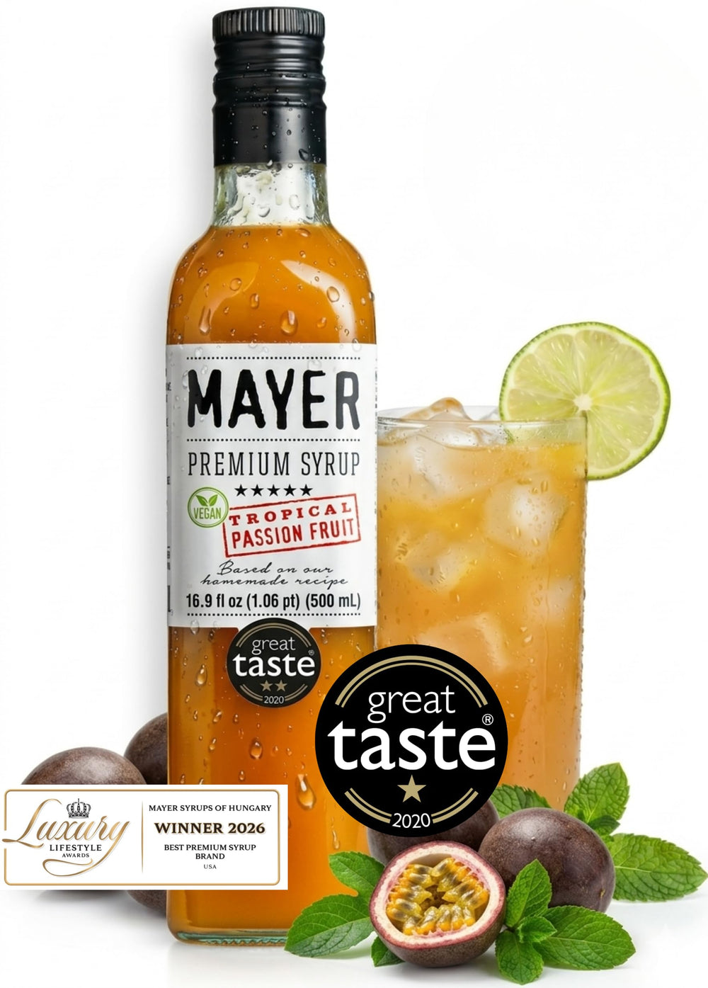 Mayer Passion Fruit Syrup botella frontal muestra pureza y atractivo visual