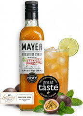 Mayer Passion Fruit Syrup botella frontal muestra pureza y atractivo visual