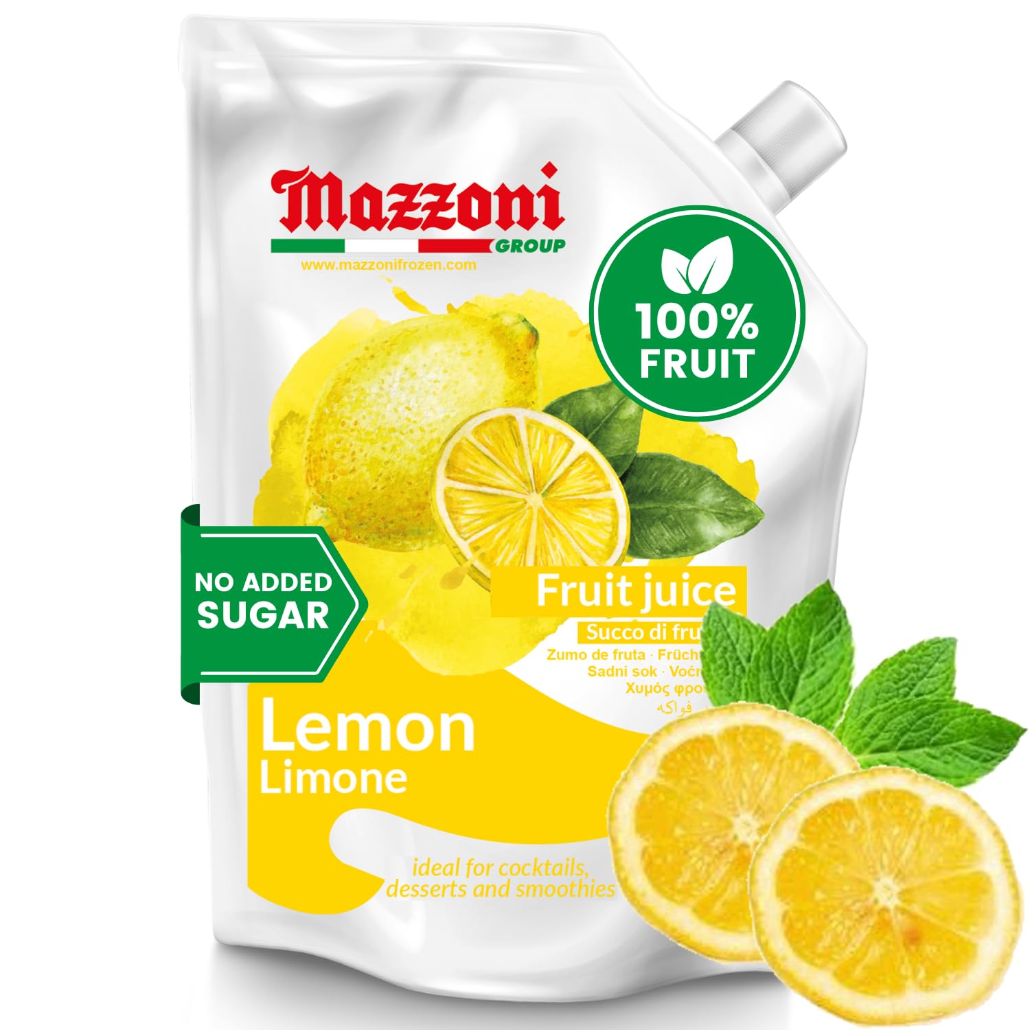 Mazzoni pouch frontal mostrando etiqueta y beneficio de jugo 100% puro