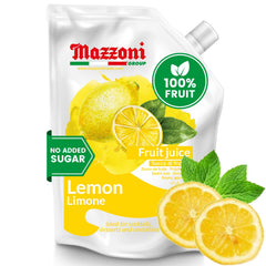 Mazzoni pouch frontal mostrando etiqueta y beneficio de jugo 100% puro
