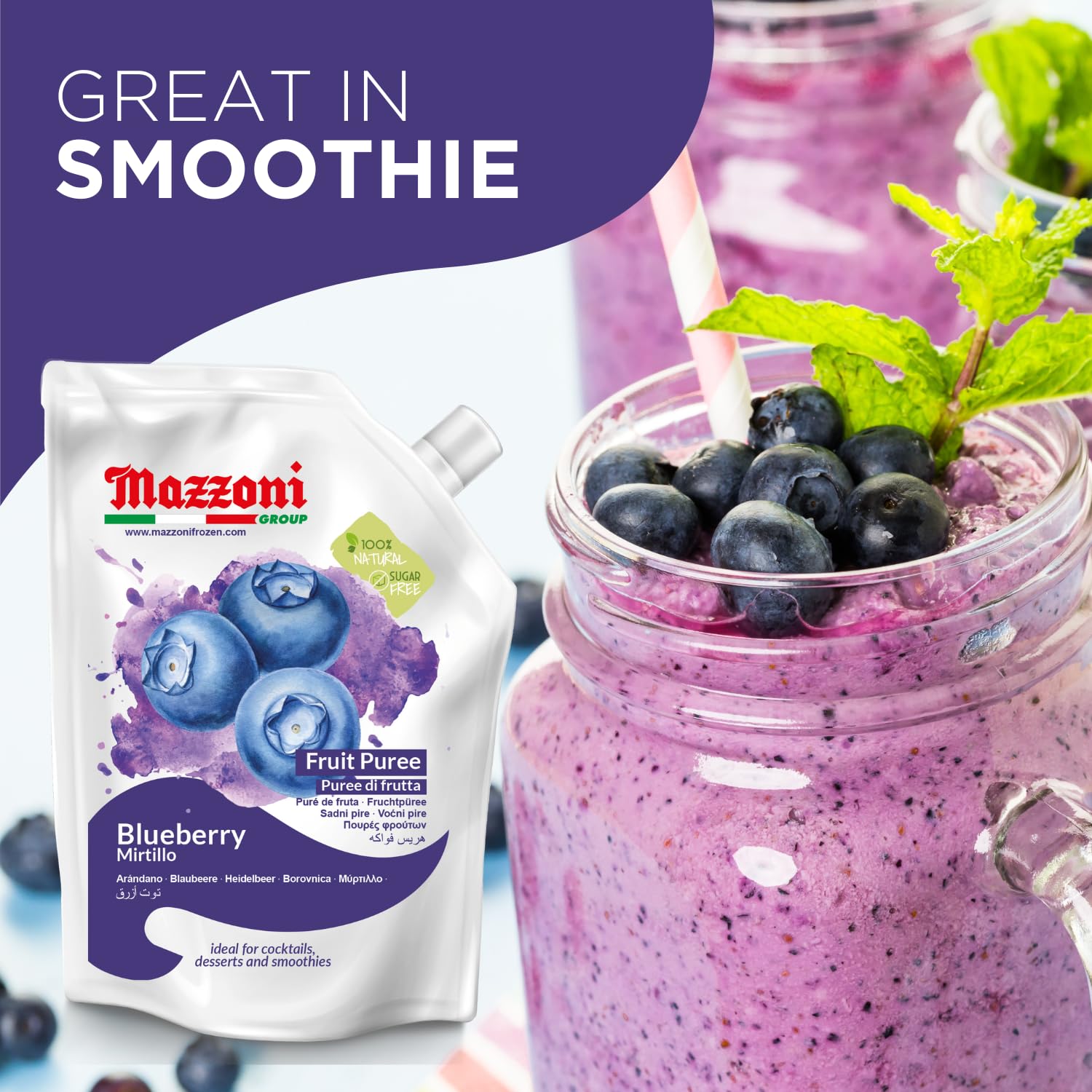Mazzoni cóctel Blueberry Mojito preparado, aporta color y sabor brillante
