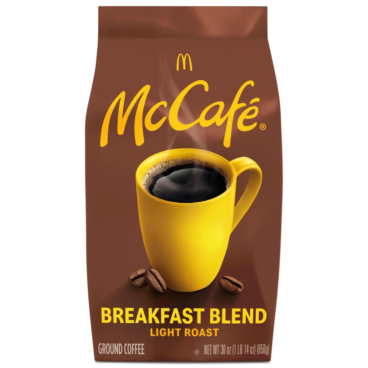 McCafé paquete frontal 30 oz mostrando marca y diseño, conveniencia y frescura