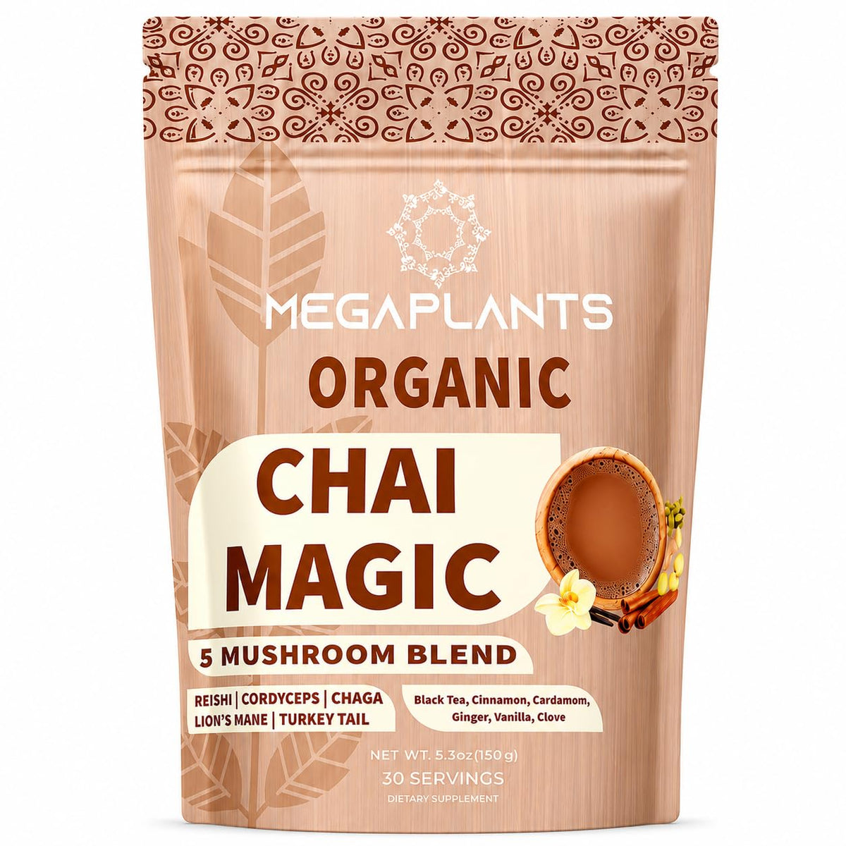MEGAPLANTS envase frontal del Mushroom Chai con diseño y beneficios visibles