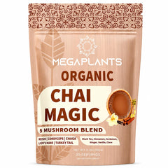 MEGAPLANTS envase frontal del Mushroom Chai con diseño y beneficios visibles