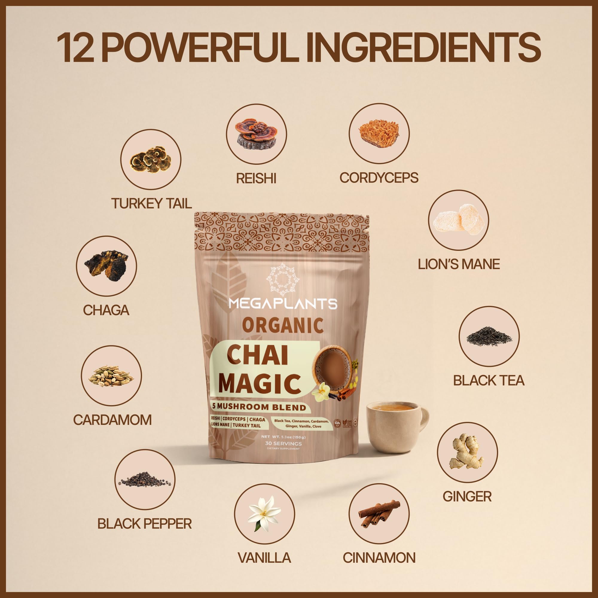 MEGAPLANTS ingredientes: canela, cardamomo y hongos en la mezcla para sabor auténtico