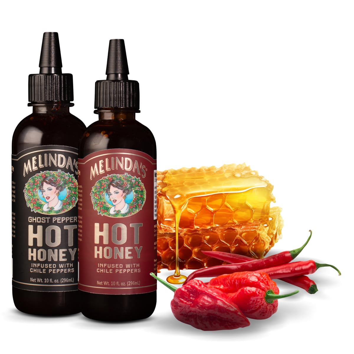 Melinda’s pack frontal mostrando Classic y Ghost Hot Honey para uso inmediato