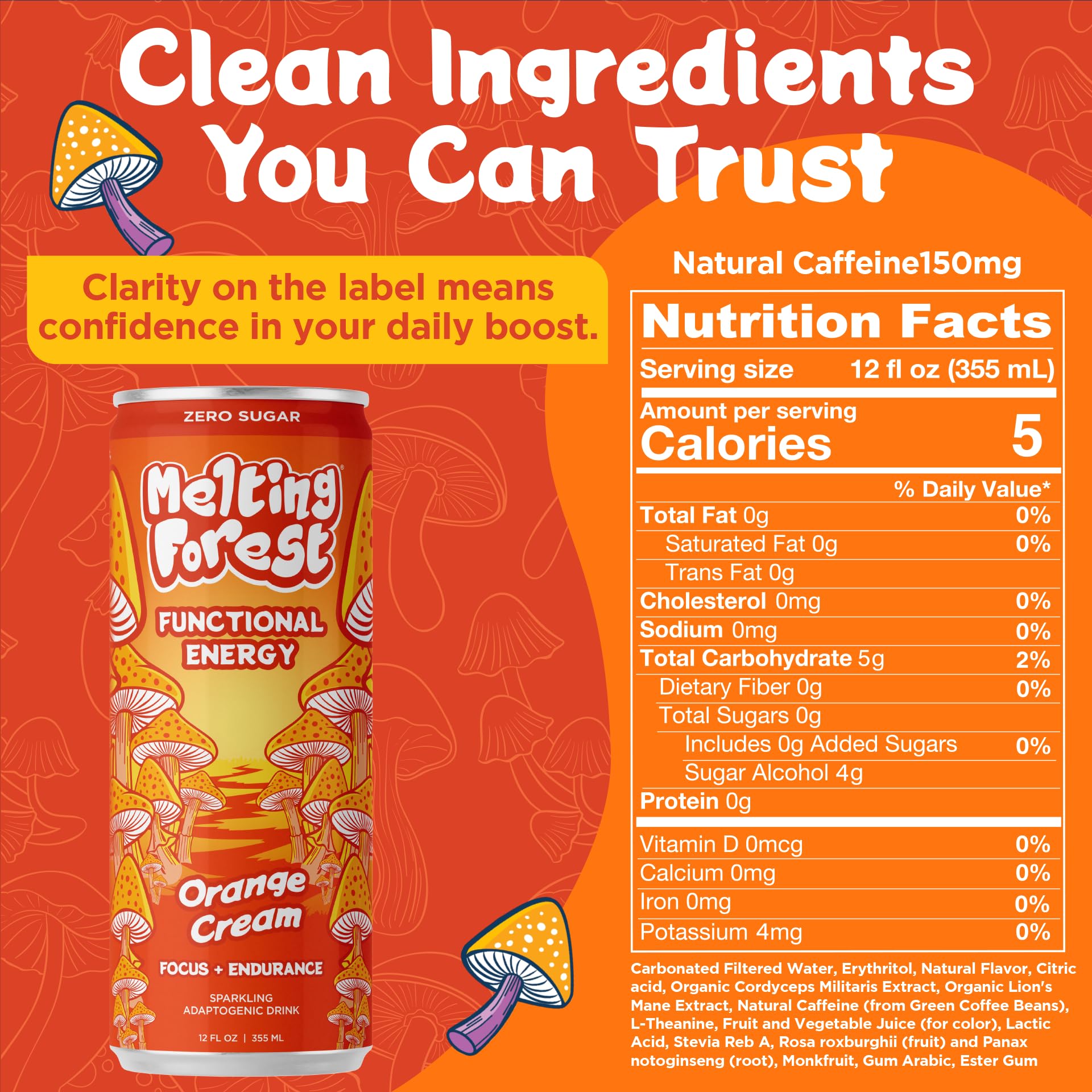 Melting Forest ingredientes clave: Cordyceps, Lion's Mane y café verde visibles