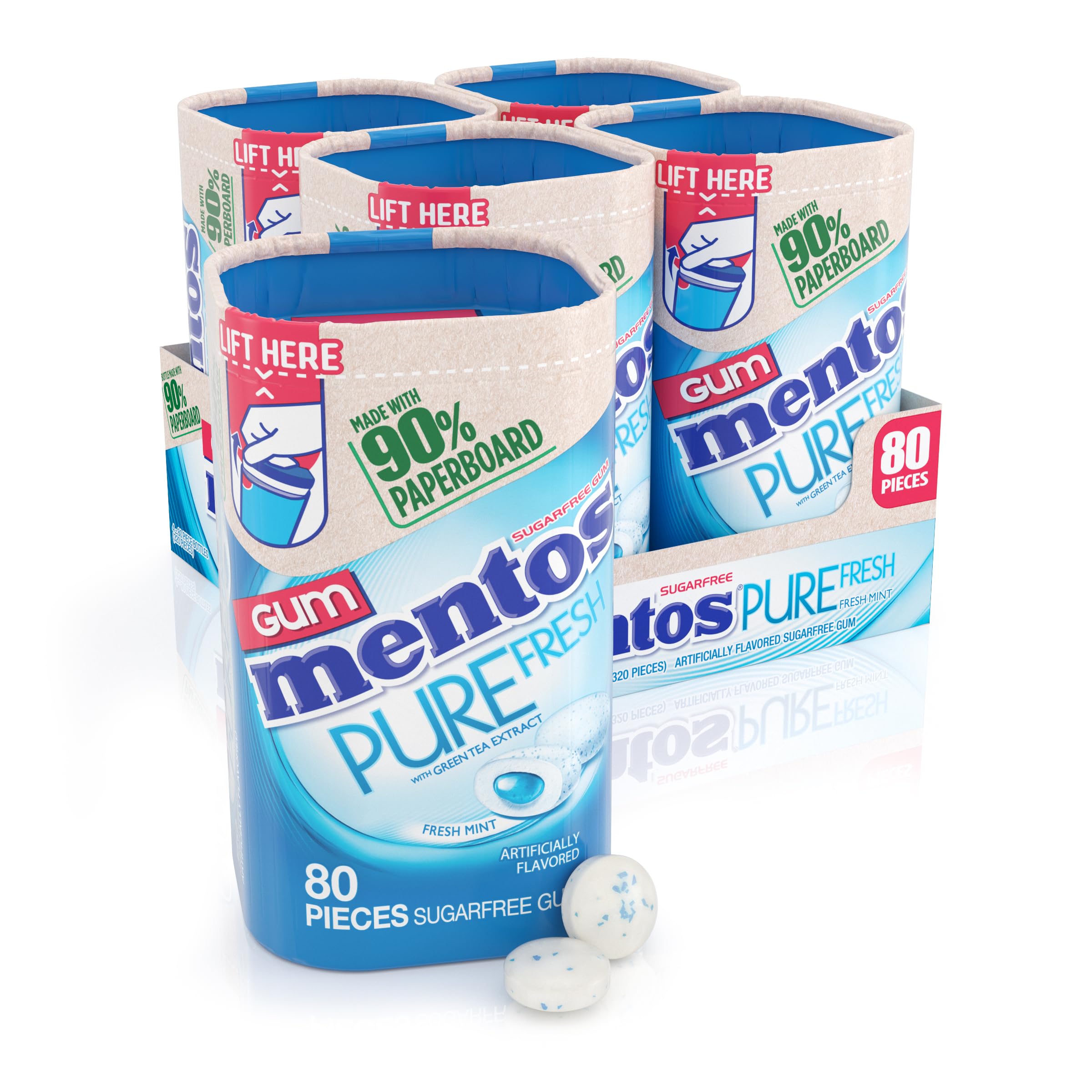 Mentos botella frente mostrando 80 piezas y beneficio frescura duradera