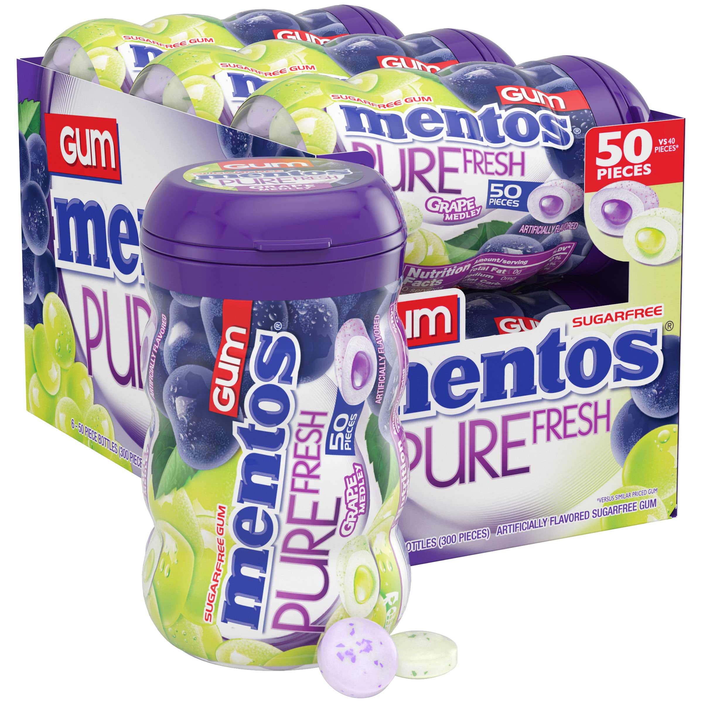 Mentos botella frontal Grape Medley mostrando diseño curvado y acceso rápido