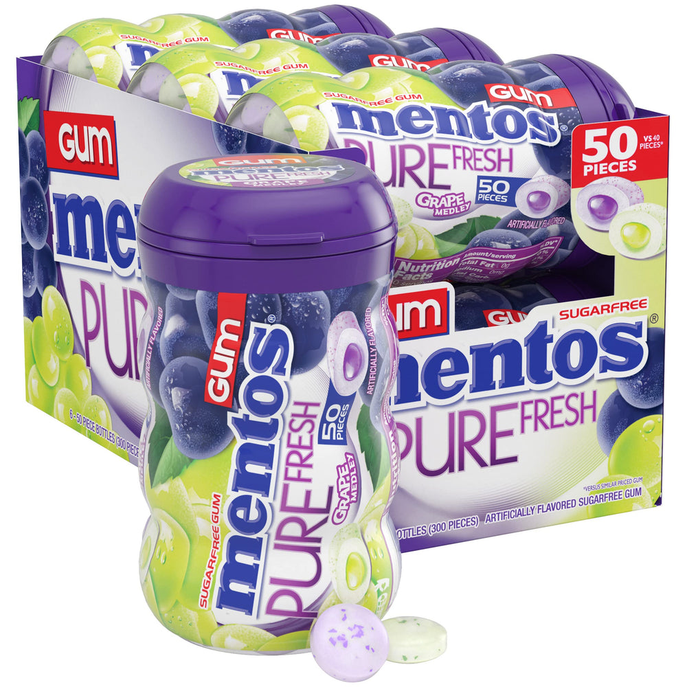 Mentos botella frontal Grape Medley mostrando diseño curvado y acceso rápido