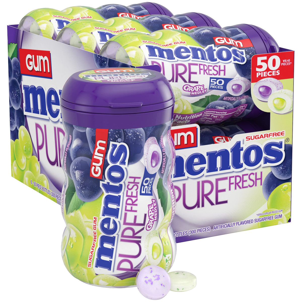 Mentos botella frontal Grape Medley mostrando diseño curvado y acceso rápido