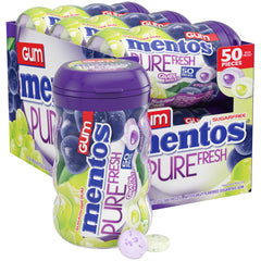 Mentos botella frontal Grape Medley mostrando diseño curvado y acceso rápido