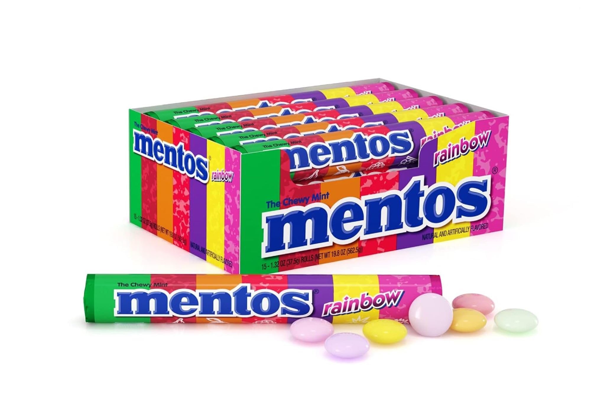 MENTOS paquete frontal mostrando 15 rollos para compartir