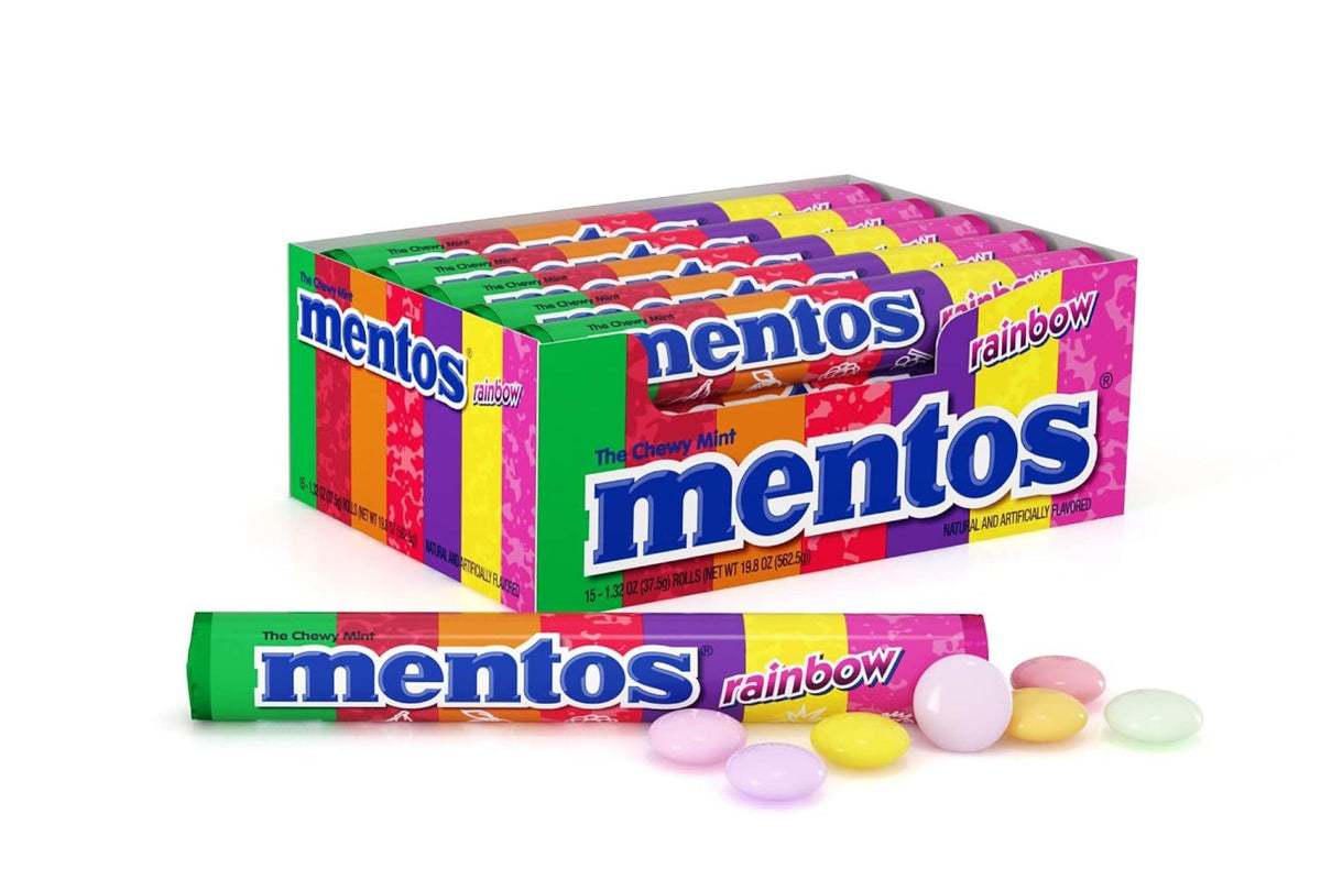 MENTOS paquete frontal mostrando 15 rollos para compartir