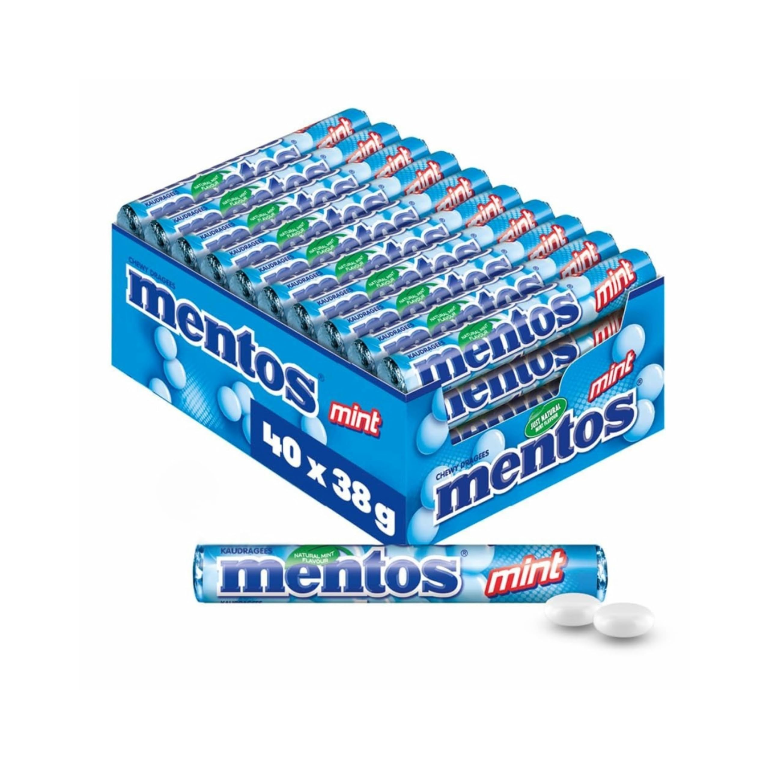 Mentos pack frontal mostrando 40 tubos, ideal para reabastecer