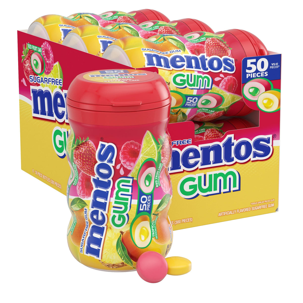 MENTOS botella frontal con 50 chicles mostrando portabilidad y sabor