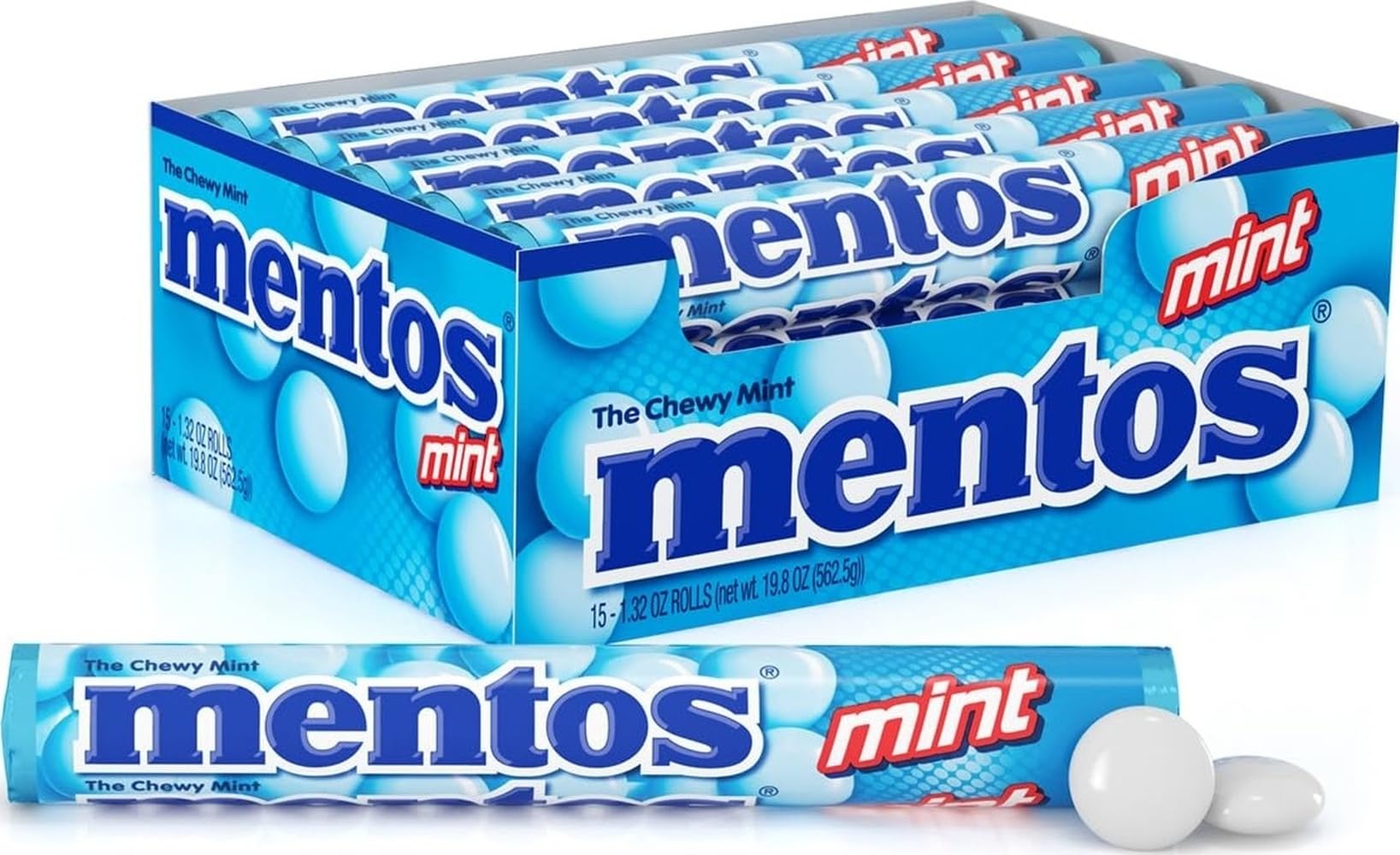 Mentos roll frontal mostrando paquete y frescura inmediata