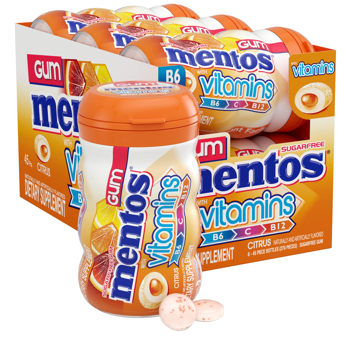 Mentos mostrando frente del envase con diseño cítrico y conveniencia
