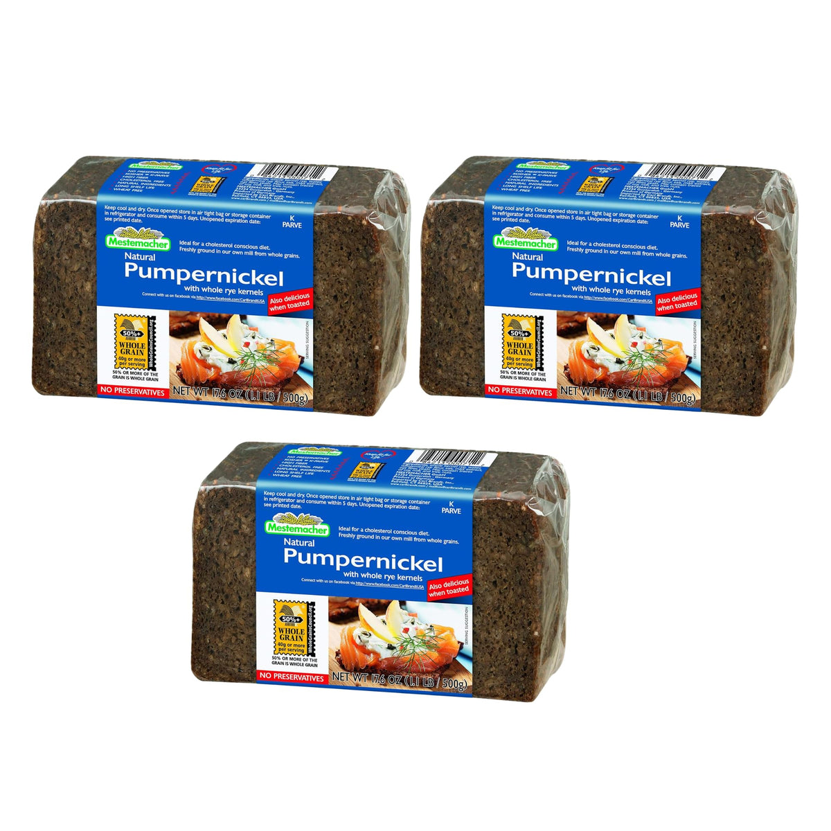 Mestemacher pan pumpernickel empacado frontal muestra marca y conveniencia